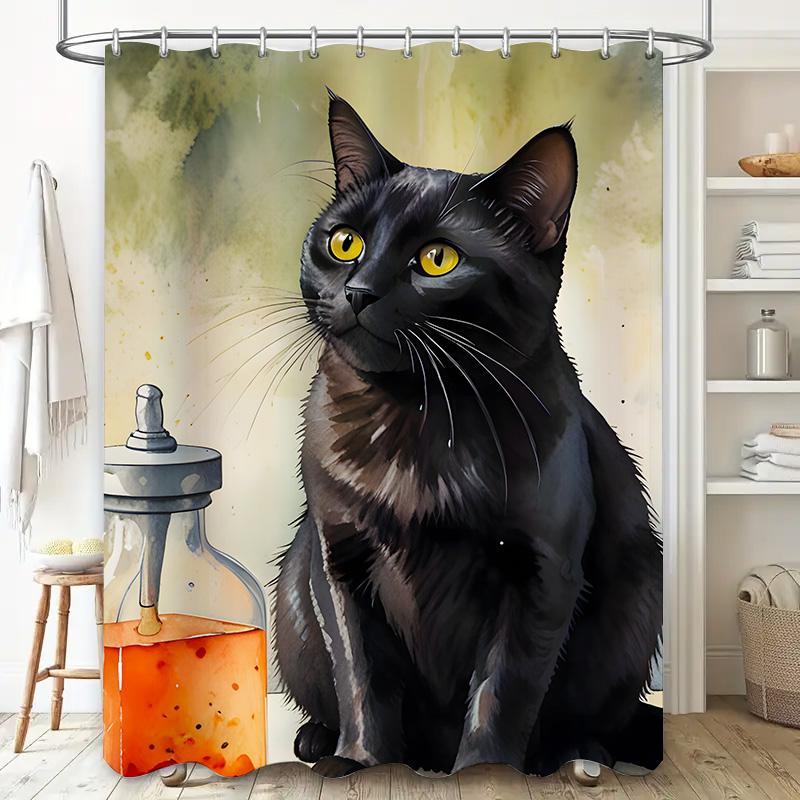 Cat Bath Curtain With Glass Jar Black Cat Decor Shower Curtain For Pet Lover'S Bathroom Decoration