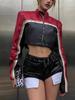Rose Beauty A Punk Bikercore Colorblock Zipper Studded Detail Crop PU Leather Moto Jacket
