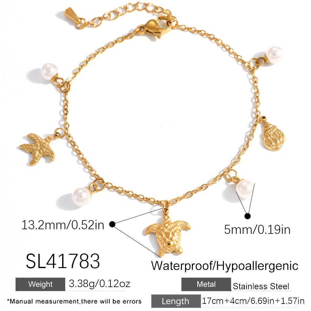 18K Gold Plated Ocean Series Bracelet with Starfish, Sea Turtle  Pearl - Waterproof Stainless Steel Jewelry for Women 18K Gold Plated