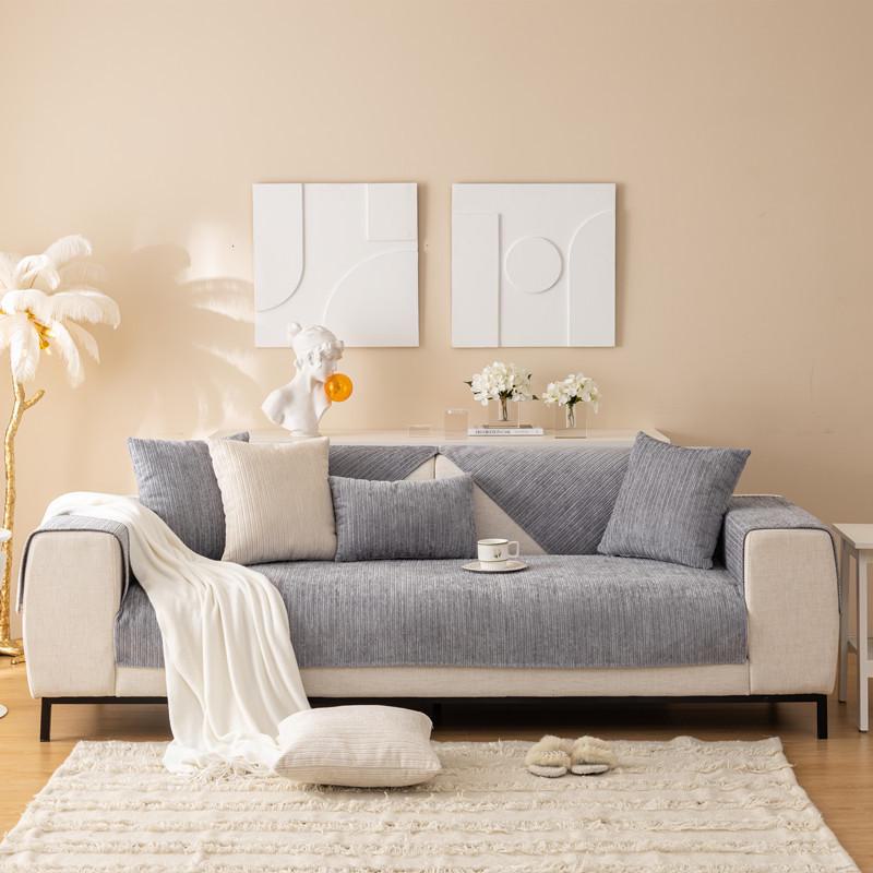 Modern Winter Corduroy Striped Plush Sofa Cushion - Non-Slip Solid Color