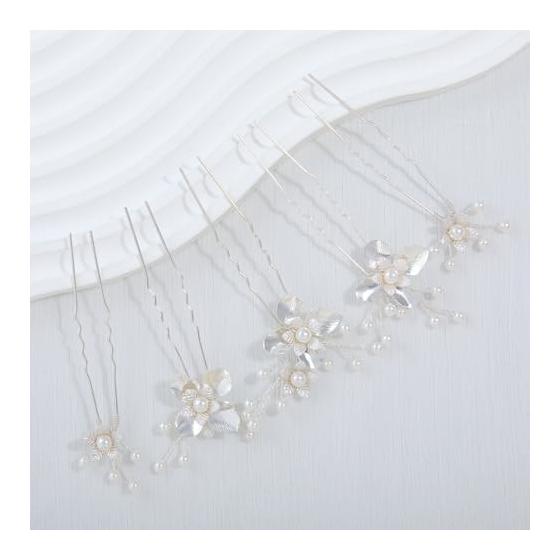 Hair Accessories Set - Leaf and Flower Motif Pearl U-Pins for Bride, Handmade Wedding Hair Jewelry, Silver