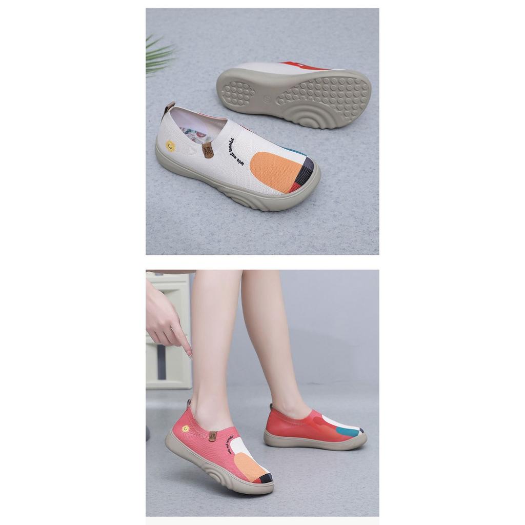 Zapatos de tela informales con tejido de mosca, deportivos, pintados, sencillos, transpirables, de suela suave, con estribos de moda para mujer.