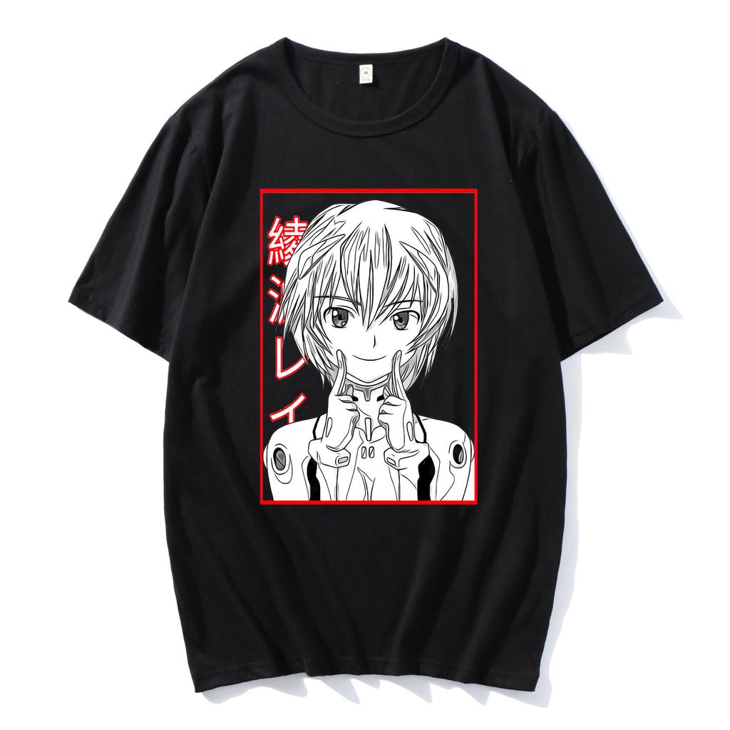 100% Cotton Anime Harajuku Ayanami Rei Printing Tshirt MenMomen Oversized Short Sleeve T-shirt Spring Summer Tops
