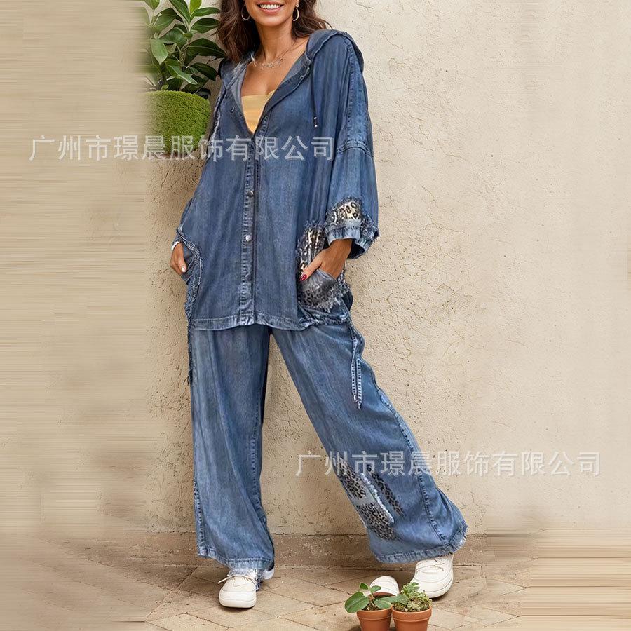 

Женский повседневный джинсовый комплект с капюшоном и джинсами широкого кроя с деталями с леопардовым принтом S синий