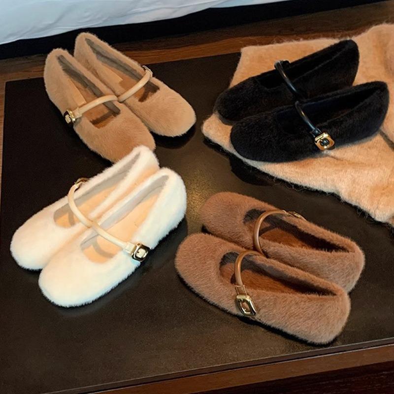 Fashion 2025 New Elegant Buckle Strap Fur Mary Jane Shoes Woman Cosy Soft Fluffy Ballet Flat Ladies Plush Internal Increase Dress Shoes