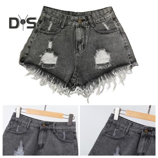 Women Denim Shorts Ripped Hole High Waist Button Zipper Closure Loose Fit A-line Plus Size Pockets Short Jeans Lady Dating Beach Shorts