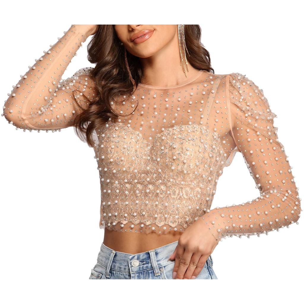 Women's Summer Rhinestone Bubble Sleeve Mesh Top