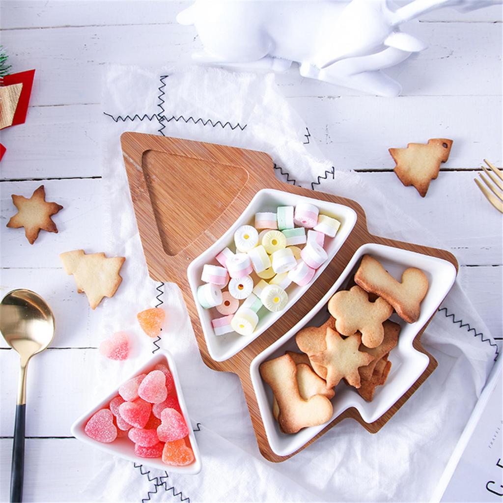 Christmas Tree Tray, Snack Serving Tray, Holiday Serving Dish, Ceramic Snack Bowls, Bamboo Serving Tray