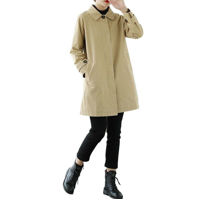 Women's Plus-Size Washed Cotton Trench Coat, Mid-Length, Loose Fit, Korean Style, for Spring and Autumn.