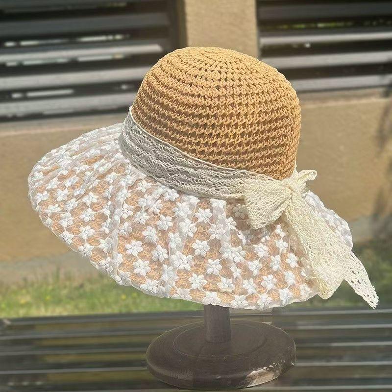 Floral Lace-Up Hollow Straw Sun Hat - Summer Sunshade Beach Hat One Size