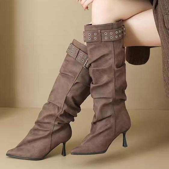 Pointed stiletto high boots belt buckle knight women's boots 2026 autumn and winter new stacking boots long boots over the knee fashion boots