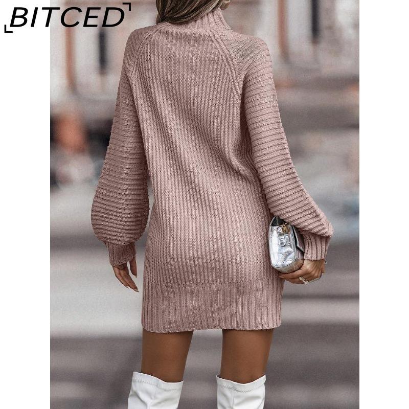 BITCED Fall/Winter Solid-Color Long-Sleeve Fashion Turtleneck Sweater Dress for Women