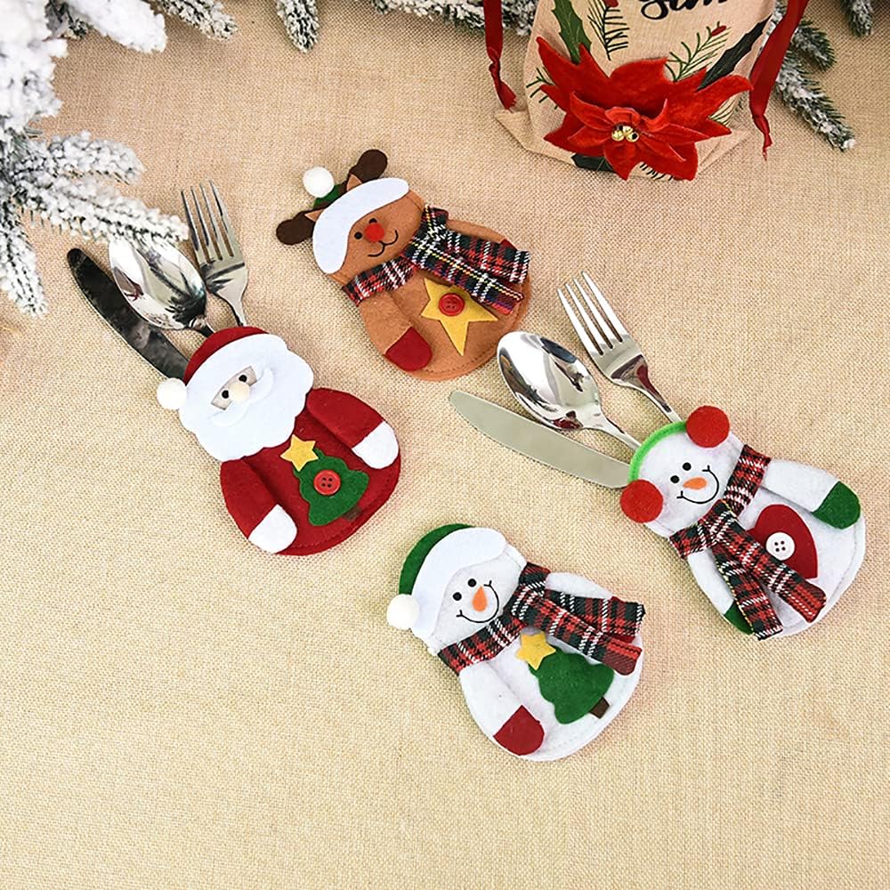 8 Pieces Christmas Tableware Holder Set, Santa Claus Snowman Reindeer Bear Knifes Forks Spoon Silverware Pocket Bags for Xmas for Thanksgiving New