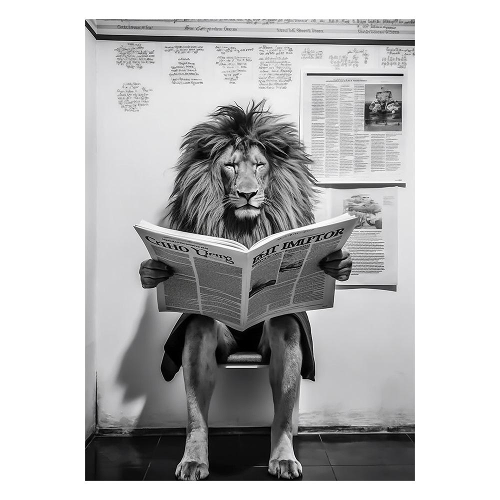 Funny Bathroom Lion Sitting On Toilet Reading Newspaper Poster Modern Wall Art HD Picture Canvas Print For Room Home Decor
