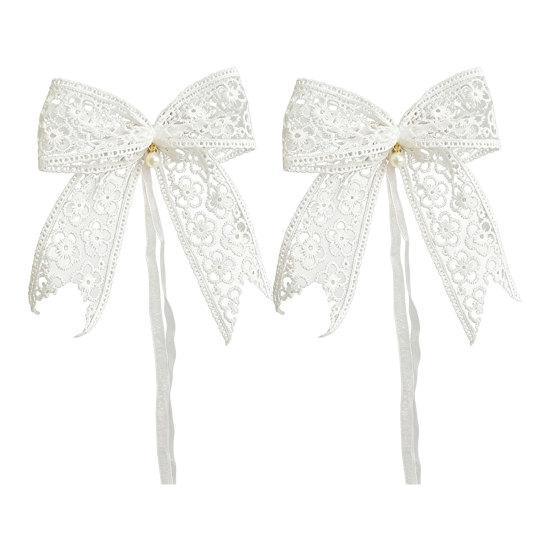 2Pcs Lace Bowknot Curtain Tiebacks, Bow Curtain Holdbacks with Pearls, Decorative Curtain Ties for Home Office Living Room Bedroom Wedding Party Decor