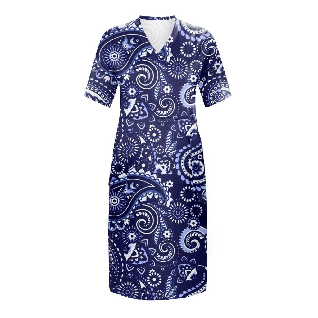Kvinners uformelle stor V-hals kortermet trykt lomme løs kjole