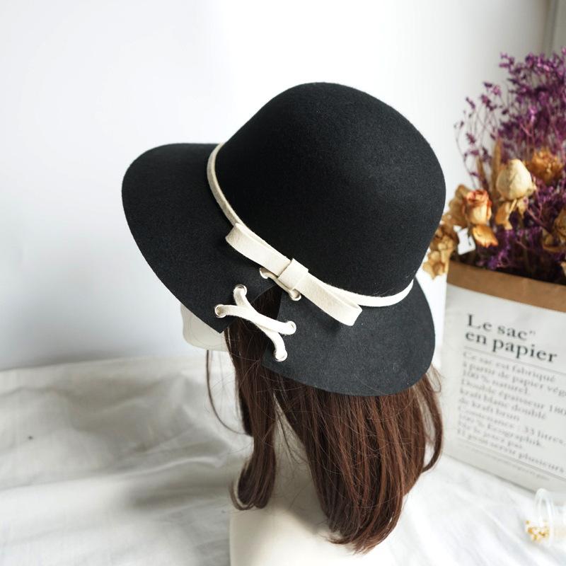 Black And White Contrasting Color Bow Small Fresh Hepburn Black Woolen Basin Hat Women'S Autumn And Winter French Retro Fisherman Top Hat