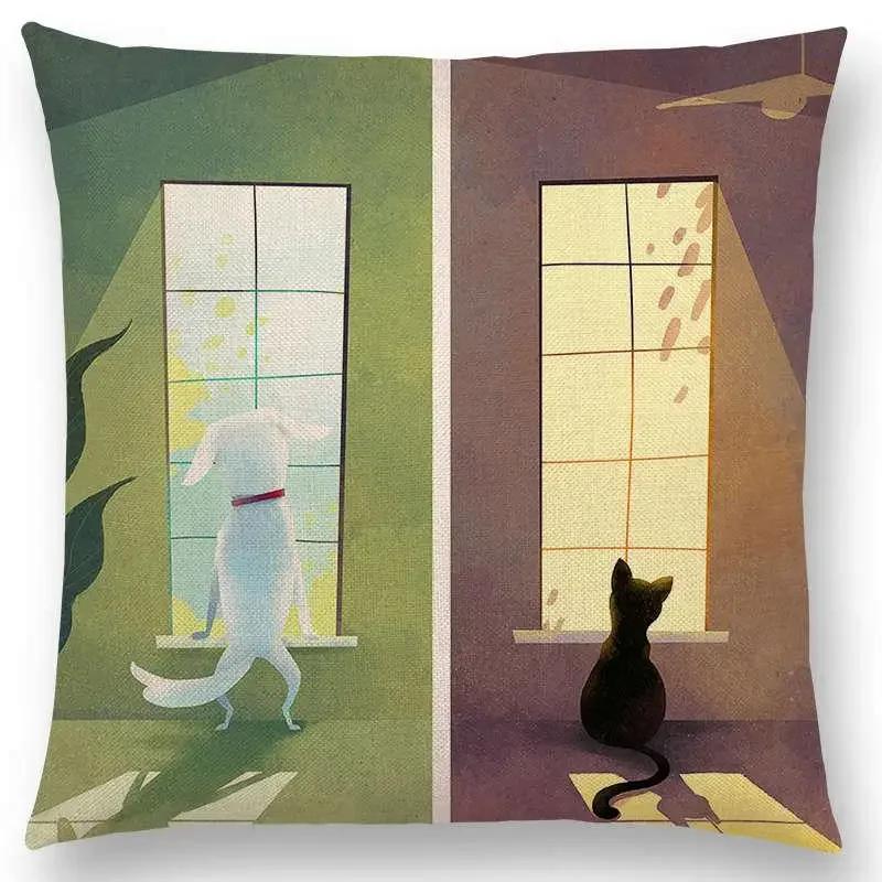 Neuankömmling Niedliche Cartoon-Tiere Kleine Katze Traum Elch Hübsches Mädchen Wald Leuchtender Stern Kissenbezug Sofa Wurfkissenbezug