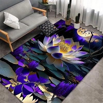 Mor Lotus Desenli Alan Halısı Polyester Elyaf Dikdörtgen Halı Ofis, Oturma Odası, Yatak Odası için Sandalye Altlığı Yıkanabilir Ev Dekorasyonu Yer Kaplaması