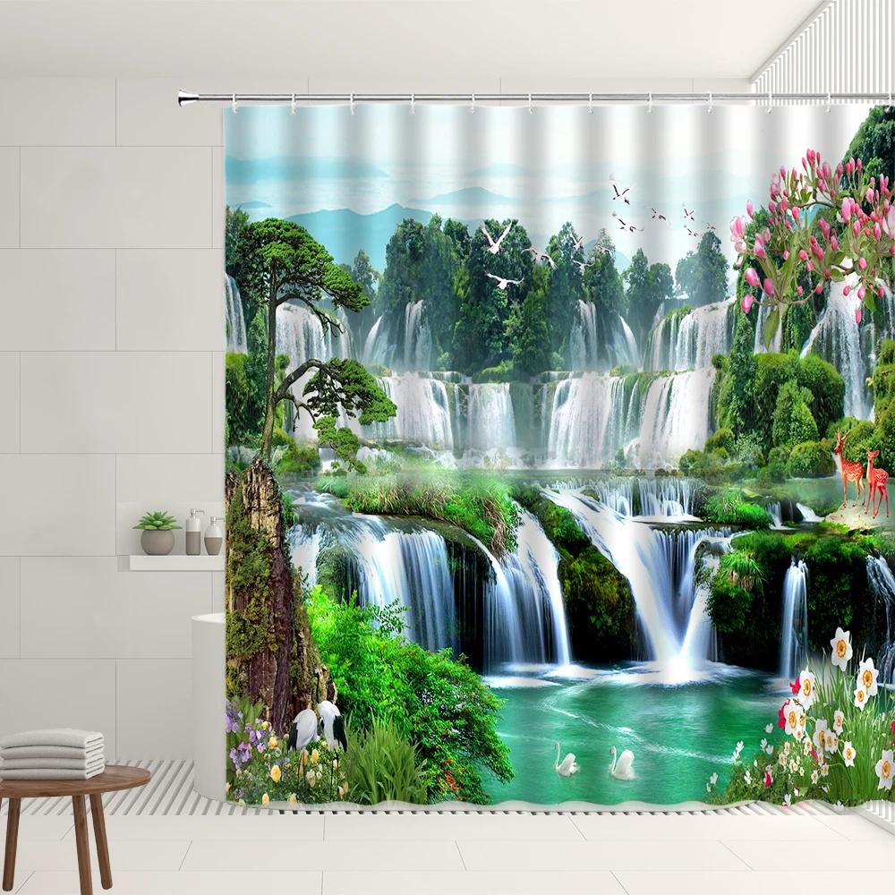 Chinese Landscape Shower Curtain Sets Mountain Waterfall Sunrise Flower Plant Residence Decorations Bathtub Screens With Hooks