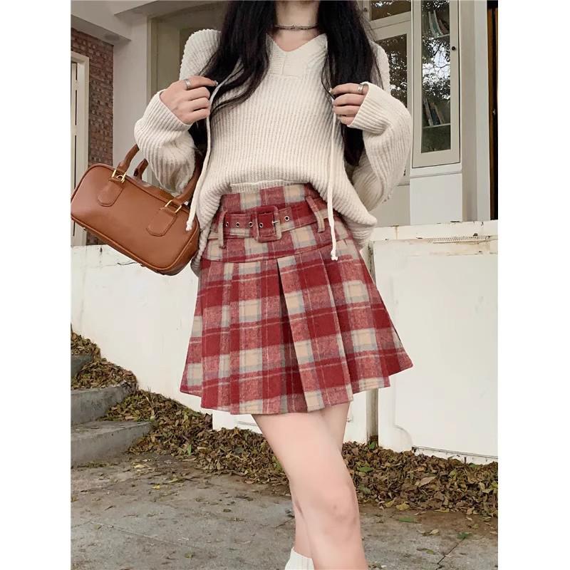 Autumn 2025 Plus Size High-Waist Plaid Pleated Skirt for Women