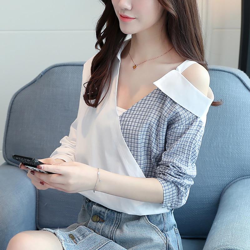 

SURWENYUE модная сексуальная женская блузка без бретелек с v-образным вырезом, летние женские топы с длинными рукавами, рубашки в клетку M белый