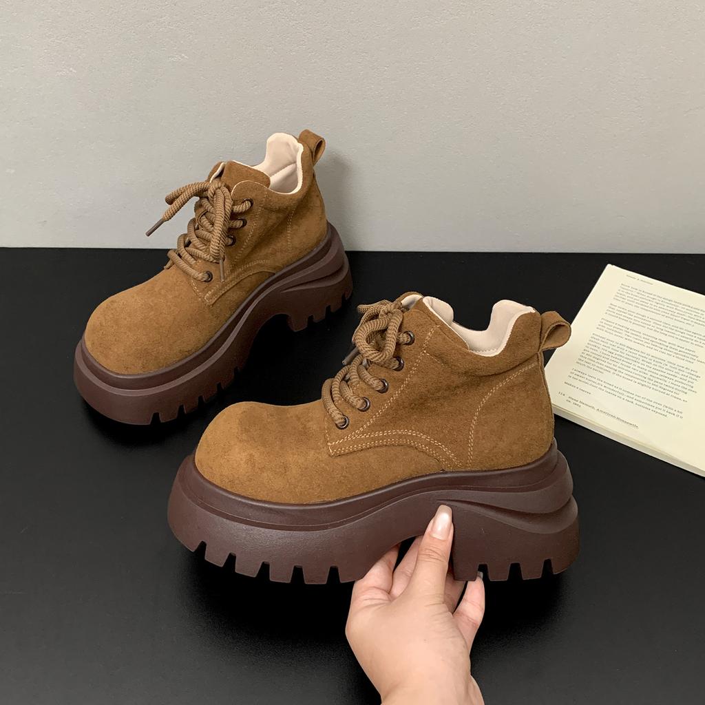 Maillard Brown Retro Thick-soled Thick-heeled Martin Boots Women's 2025 New Autumn Small Height-increasing Short Boots