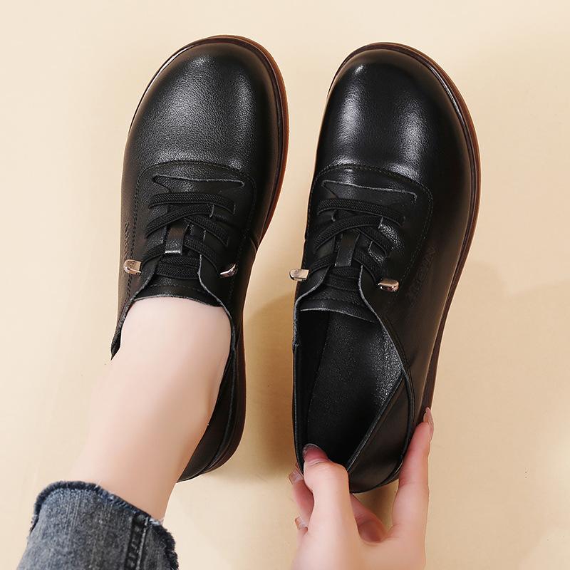 Two-step Genuine Leather Cowhide Sole Small Leather Shoes Women's Autumn Soft Sole Wedge Heel Single Shoes Retro Casual Cowhide Mother Shoes