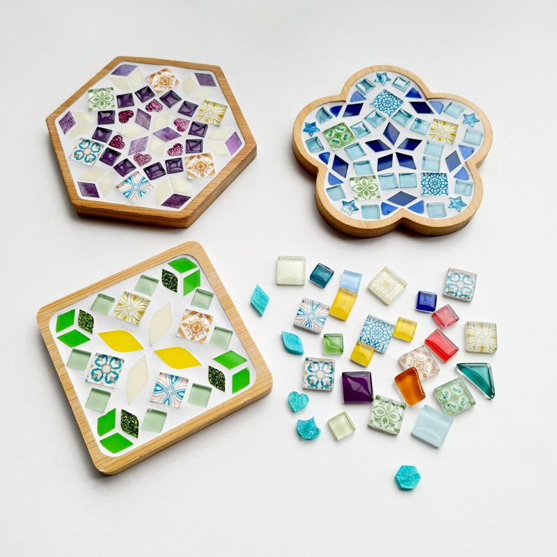 Two Styles Of Colored Glass Mosaic Tile Sets, 49 Pieces Of Bulk Colored Glass Mosaic Tiles, Handcrafted Art Craftsmanship