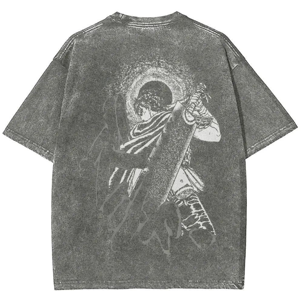 

Hot Anime Berserk Guts Print T-shirt Men Women Tshirts Short Sleeve Cotton Clothing Retro Washed T Shirt Harajuku Oversized Tops XXL серый