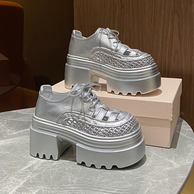 Fashion 9CM New Summer Women's Hollow Sneakers Leather High Heels Platform Lace-up Casual Shoes Thick Sole Walking Shoes Zapatos Mujer