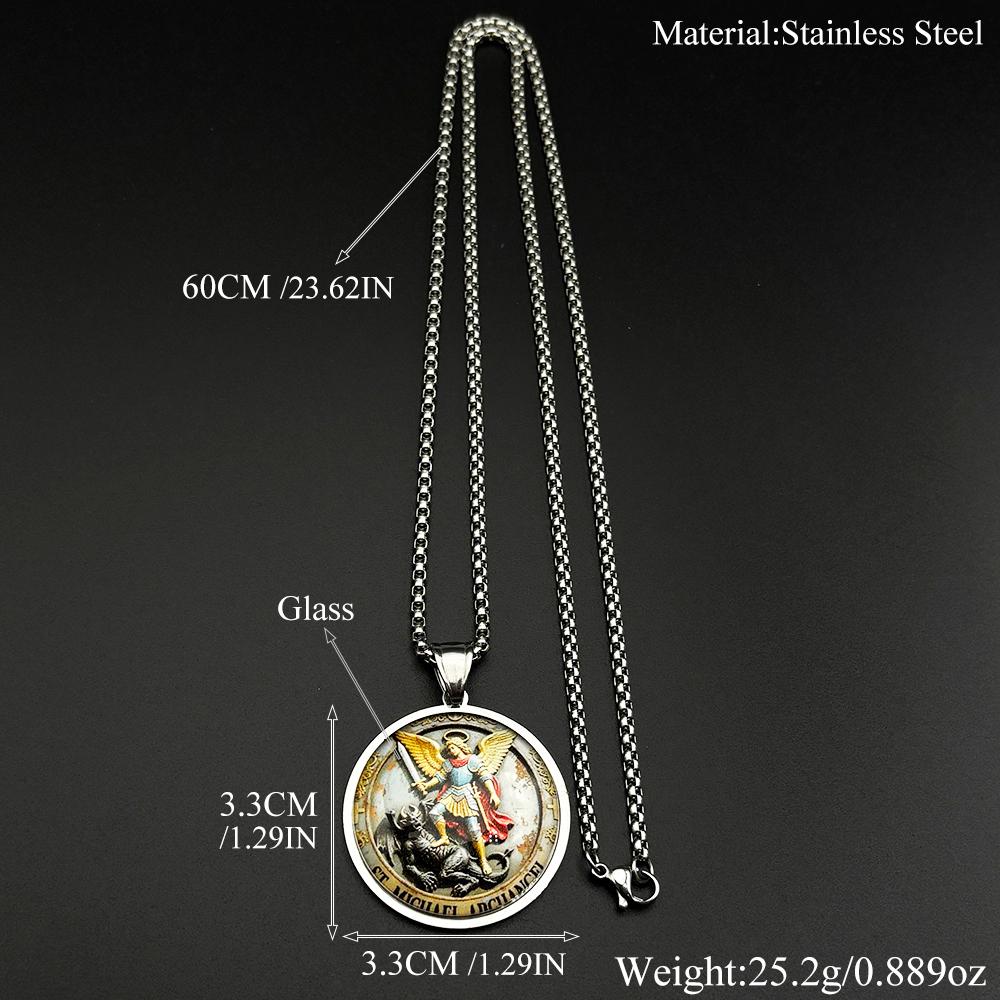 HEILIGER MICHAEL Erzengel besiegt den Teufel Glasmedaille Anhänger Halskette Edelstahl Goldbeschichtet Christliches Amulett Schmuck