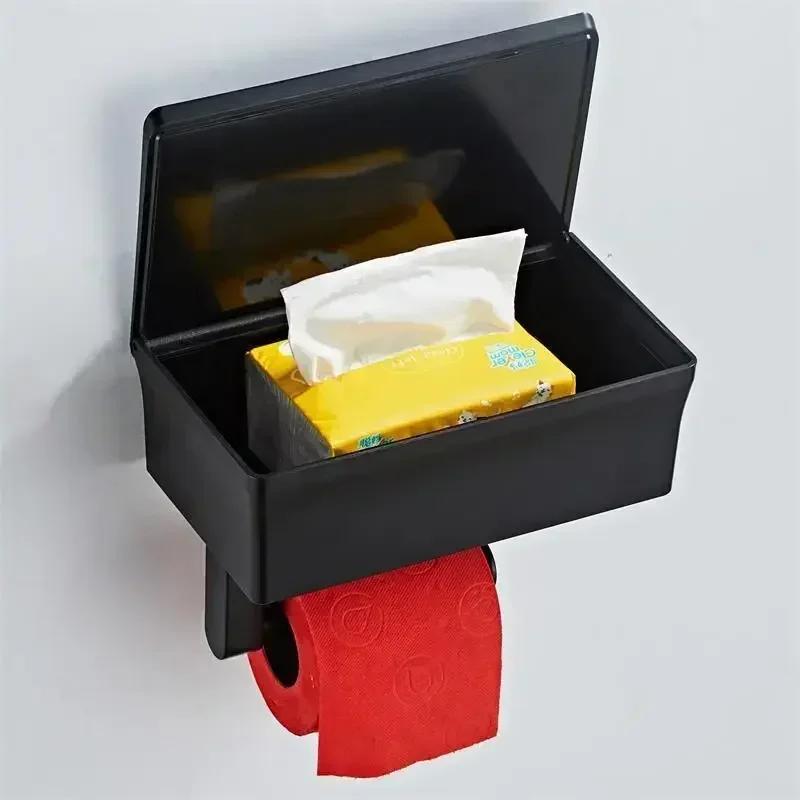 2 In 1 Home Adhesive Toilet Paper Holder Box with Shelf and Storage Box Wall Mount Toilet Paper Roll Box