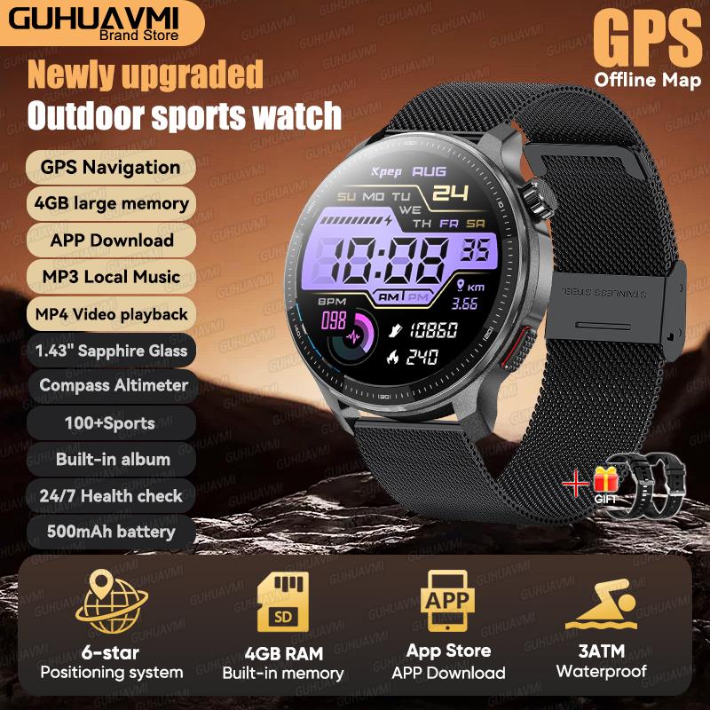 New Outdoor GPS Offline Map Sports Smart Watch Compass Altimeter 4GB Memory Video Music Playback Waterproof Smartwatch Men
