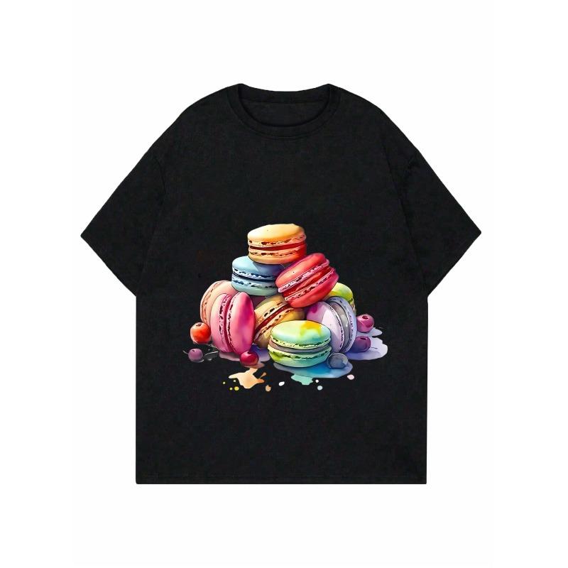 Casual Round Neck T Shirt Black Color Macaron Candy Print For Women Daily Wear Summer Outfit