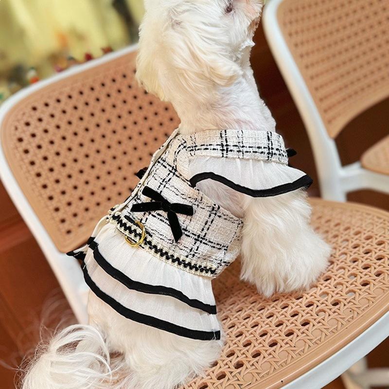 Elegant Tweed Style Dog Dress Harness Set Summer Pet Clothes with Leash for Small Dogs Cats Puppy 1-3 Set