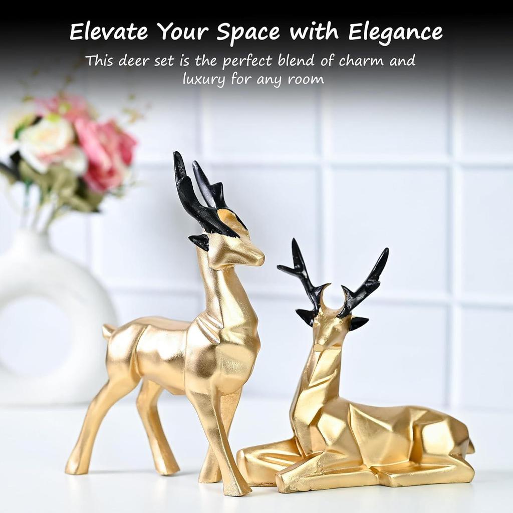 Zestaw 2 żywicznych rzeźb jeleni Hiran do dekoracji domu i biura inspirowanych naturą, idealny dla miłośników przyrody, doskonały dla przyjaciół i rodziny (Złoto)