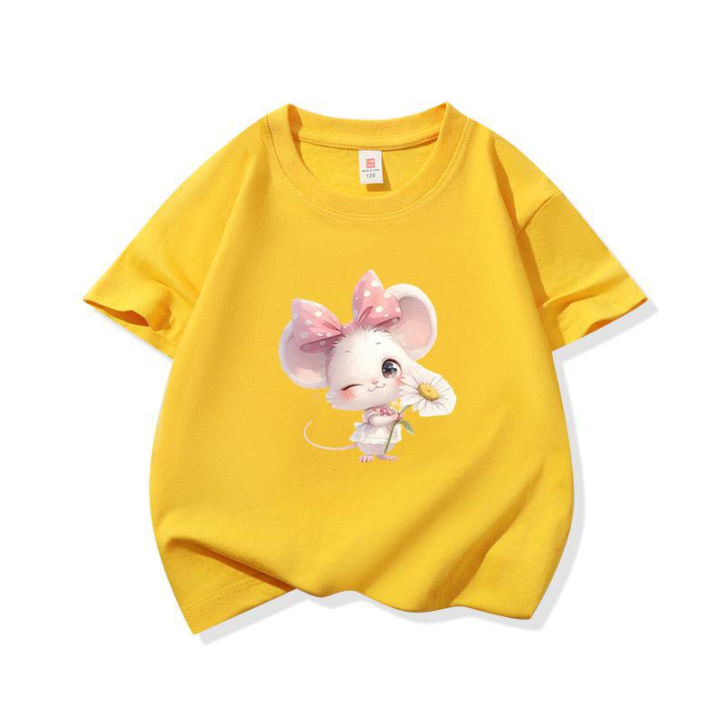 Kids Cotton T Shirt Adorable Mouse With Bow  Flower Print Crew Neck Short Sleeve Tee Casual Boys Girls Summer Tops