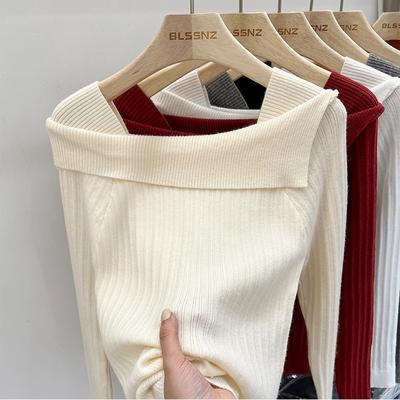 Flip Collar and One Shoulder Knitted Base Sweater for Women Interior Sweater for Autumn and Winter Unique Design Short Top