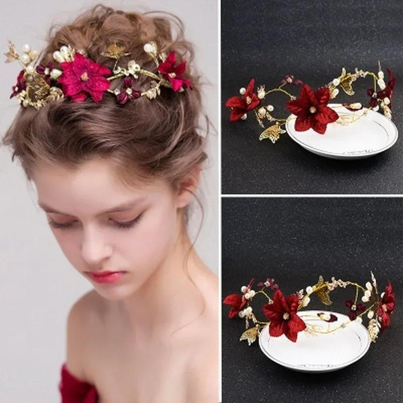 

New Chinese Elegant Red Flower With Pearl Bride Wedding Headwear Retro Handmade Flower Ring Crown Performance Photo Accessories