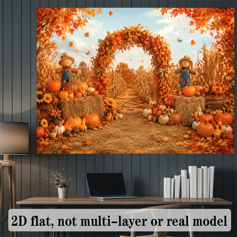2D flat autumn harvest-themed background fabric featuring scarecrows pumpkins and sunflowerszyc