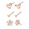 3 Pairs 6 Pieces Earrings Women Surgical Stainless Steel Stud Second Piercings Flower Cherry Blossom Heart Four-leaf Clover Spring Zirconia Silver Set