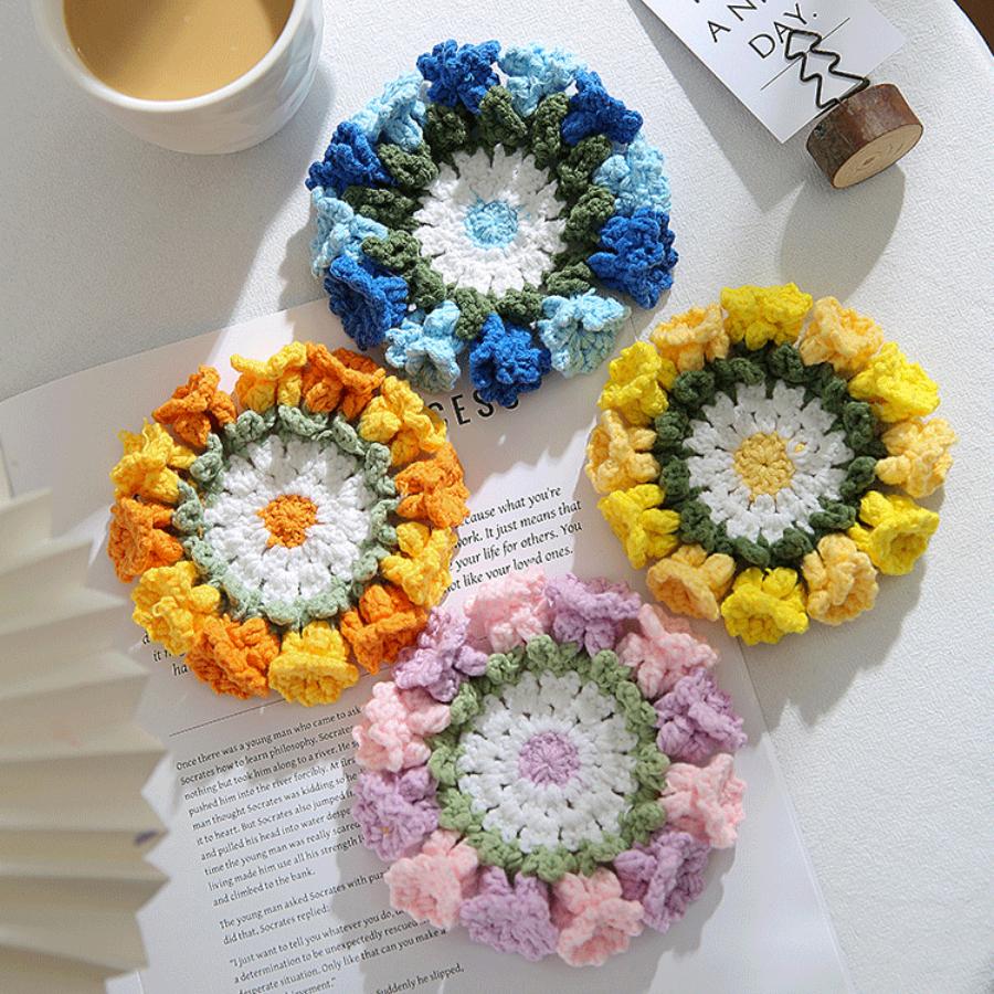 Colorful Handmade Crochet Threedimensional Petal DIY Splicing Bags Clothes Insulated Coaster Cotton Thread Cup Pad Decor Cup Mat