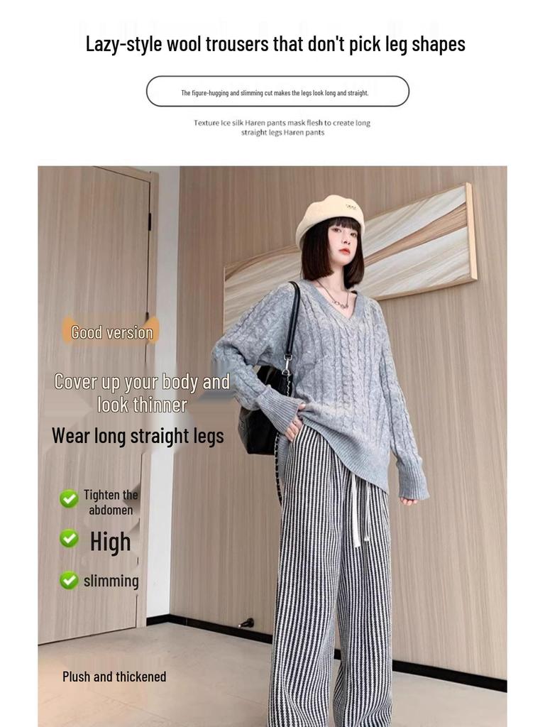 Petite Wool Blend Pinstripe High Waist Wide Leg Pants - Slimming, Loose Fit for Autumn/Winter