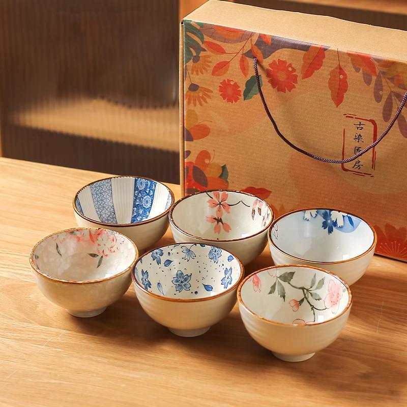 6pcs Japanese Ceramic Cereal Bowl Set Dessert Salad Snack Bowl Kitchen Noodle Bowl Tableware Set Microwave Safe Gift Box