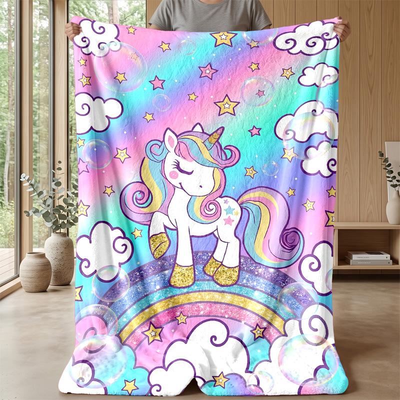 Rainbow Unicorn Fantasy Theme Blanket Lightweight Warm Flannel Blanket Decorative Throw Blanket for Home Decoration