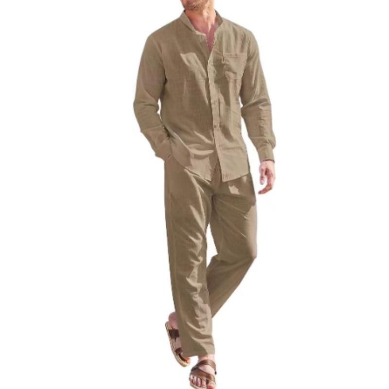 

Мужские повседневные льняные комплекты из двух предметов больших размеров в европейском стиле, винтажные базовые топы и однотонные брюки, костюм, мужской пляжный спортивный костюм, комплект L хаки