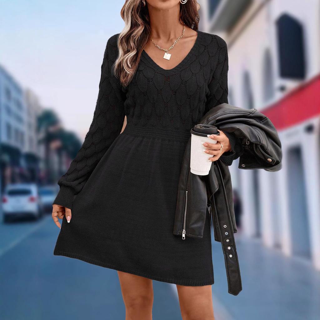 LYRIA Women Autumn Winter Sweater Dresses V-neck 3D Crochet Knitted Long Pullovers Sweaters Dress