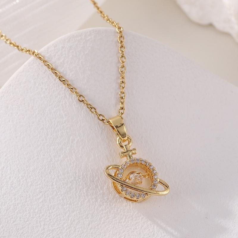 1 Pcs Premium Sense Women's Accessories Pieces Copper Microset Zirconia Planet Pendant Necklace Simple Fashion Jewelry