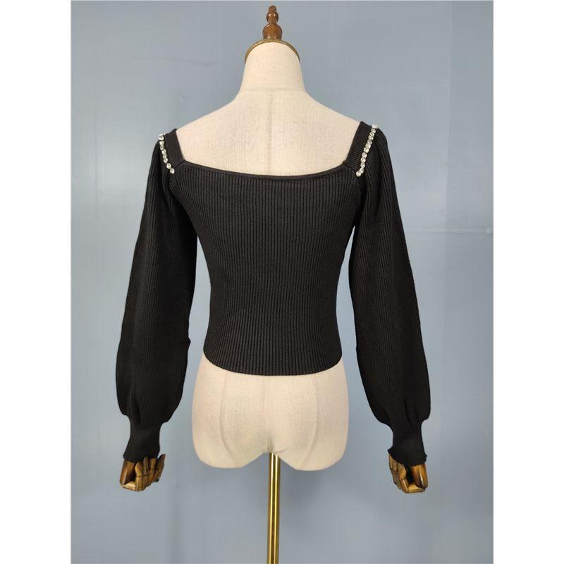 2025 Early Spring New Arrival Black Easiest for Match Square Collar Pearl Knitting Tops Female Lantern Long Sleeve Diamond Decorations Shiny Sweater